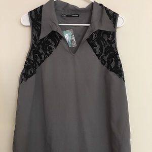 Grey top with black lace shoulders